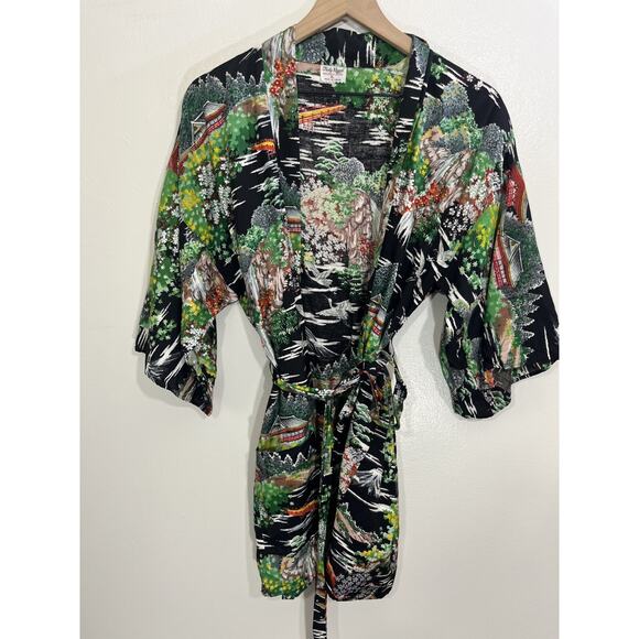 Japanese Made Washable Rayon Kimono L Artsy Maximalist Travel Scenic Boho Ukiyoe - Picture 2 of 12